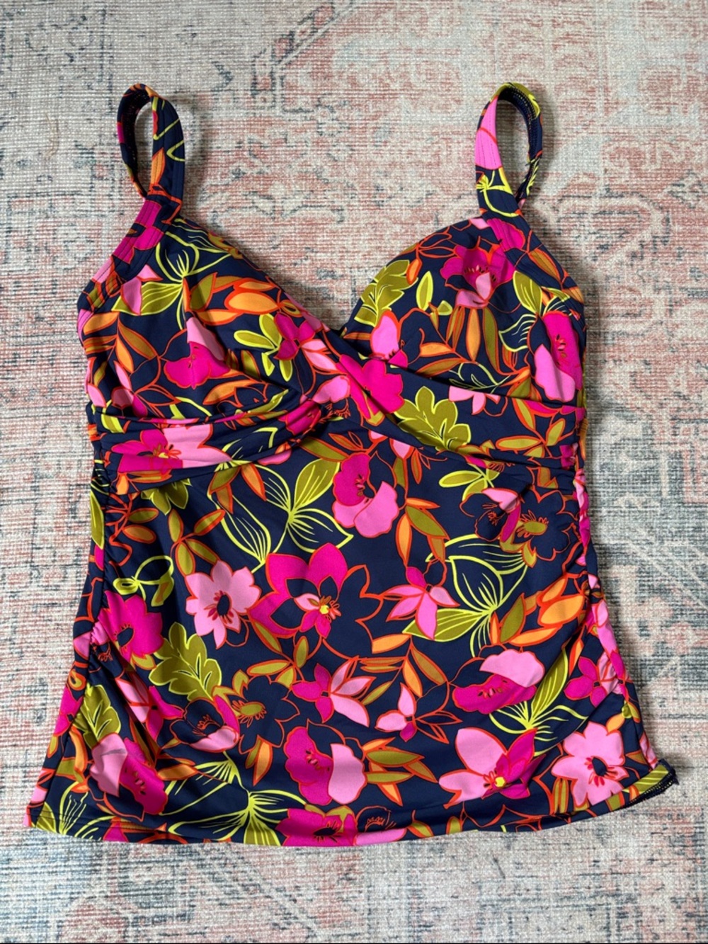 Lands' End Navy Floral Tankini Top with Pink & Lime Accents Size 10